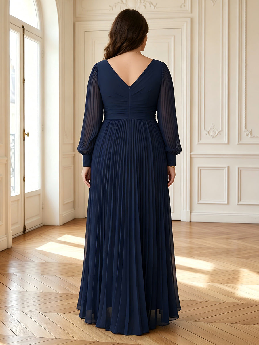 A Line V Neck Pleated Long Sleeves Mother of the Bride Dresses