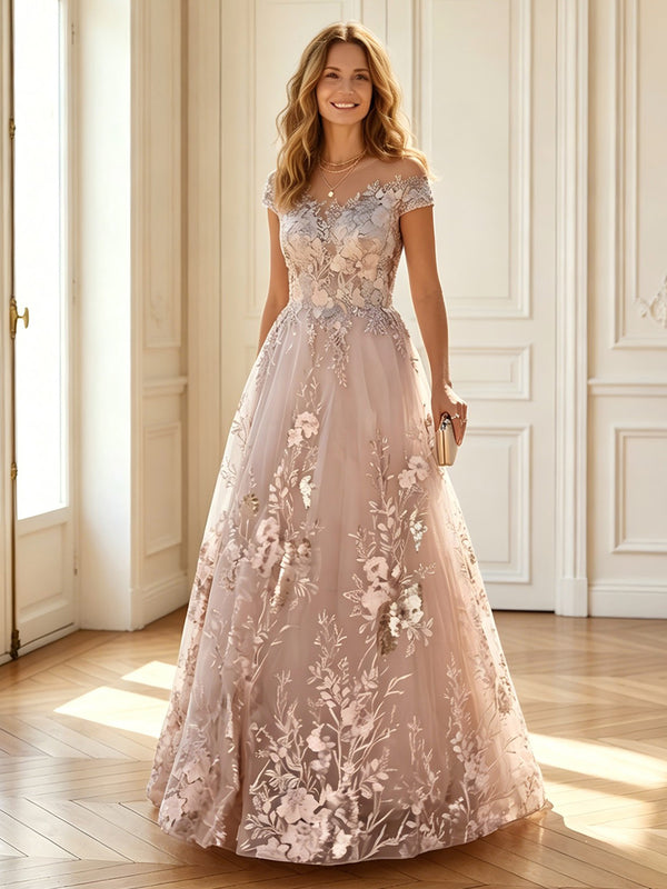 A Line Round Neck Short Sleeves Long Mother of the Bride Dresses