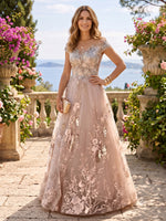 A Line Round Neck Short Sleeves Long Mother of the Bride Dresses