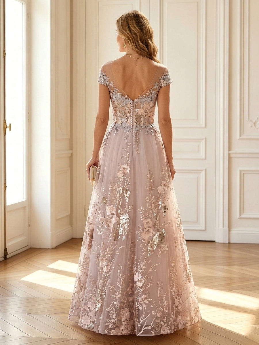 A Line Round Neck Short Sleeves Long Mother of the Bride Dresses