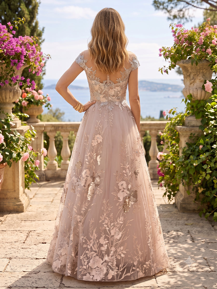 A Line Round Neck Short Sleeves Long Mother of the Bride Dresses