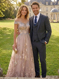 A Line Round Neck Short Sleeves Long Mother of the Bride Dresses