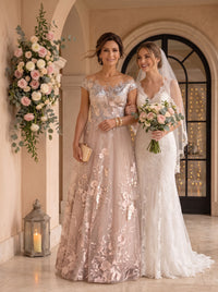 A Line Round Neck Short Sleeves Long Mother of the Bride Dresses