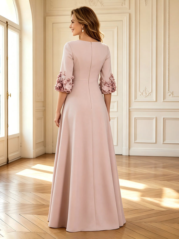 A Line Round Neck 3/4 Sleeves Long Mother of the Bride Dresses