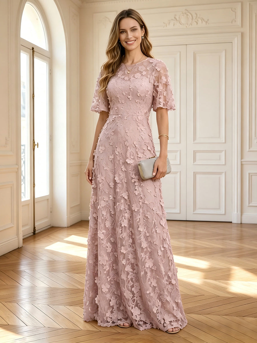 A Line Round Neck Short Sleeves Long Mother of the Bride Dresses