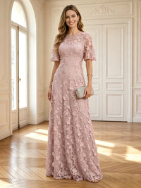 A Line Round Neck Short Sleeves Long Mother of the Bride Dresses