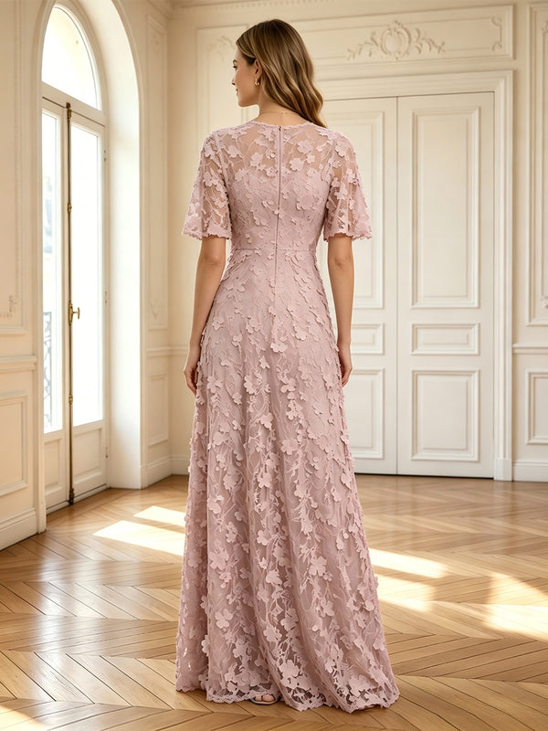 A Line Round Neck Short Sleeves Long Mother of the Bride Dresses