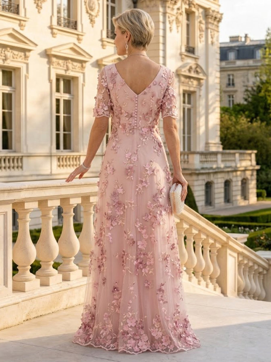 A Line V Neck Short Sleeves Long Mother of the Bride Dresses