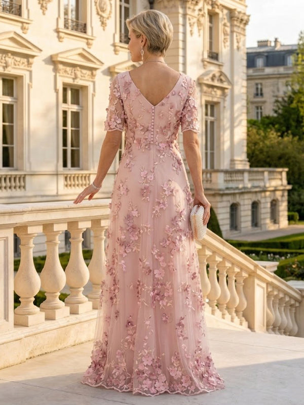A Line V Neck Short Sleeves Long Mother of the Bride Dresses