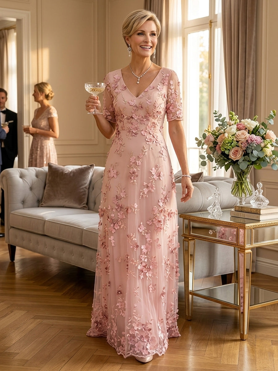 A Line V Neck Short Sleeves Long Mother of the Bride Dresses