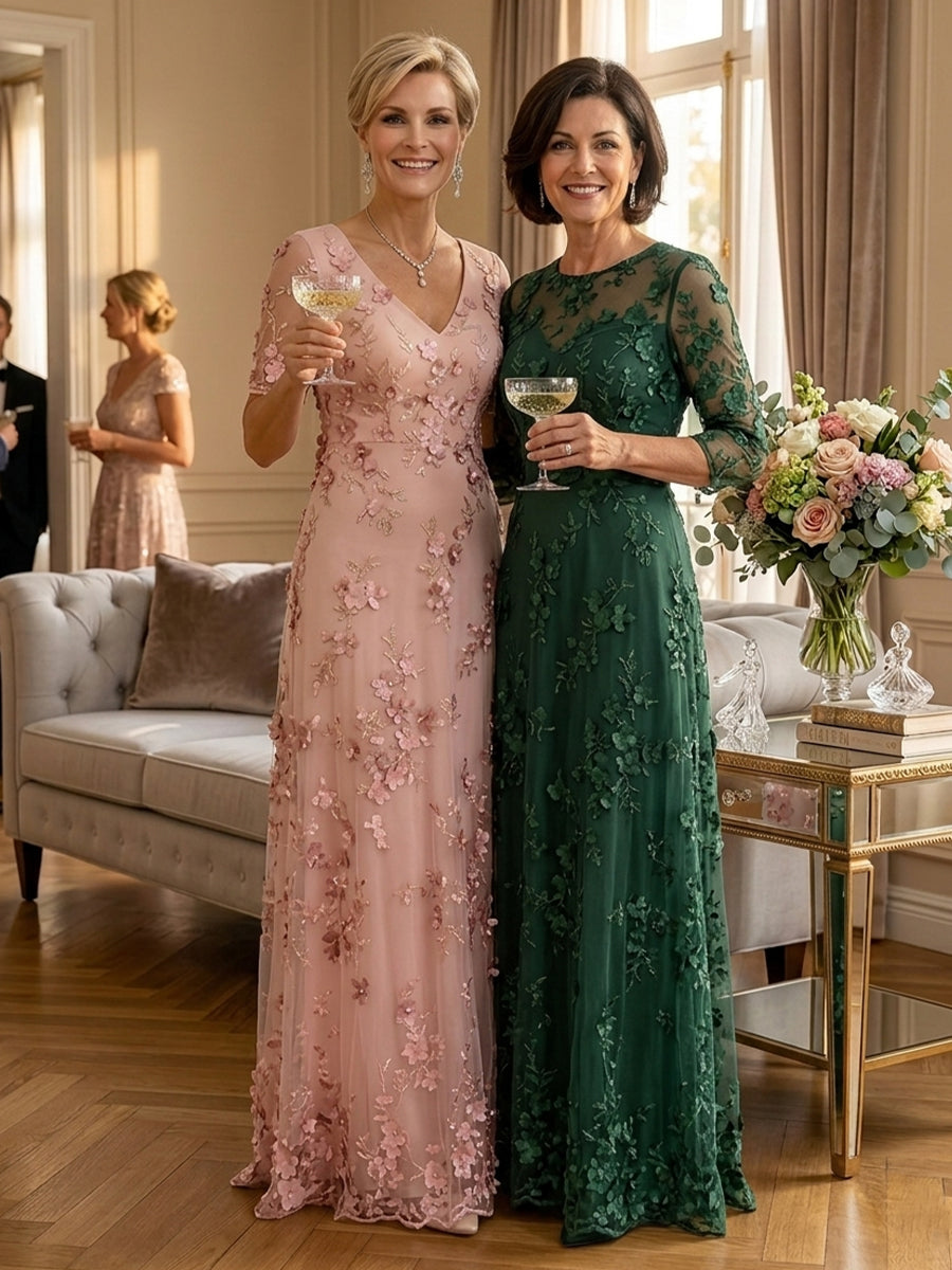 A Line V Neck Short Sleeves Long Mother of the Bride Dresses