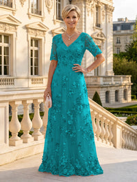 A Line V Neck Short Sleeves Long Mother of the Bride Dresses