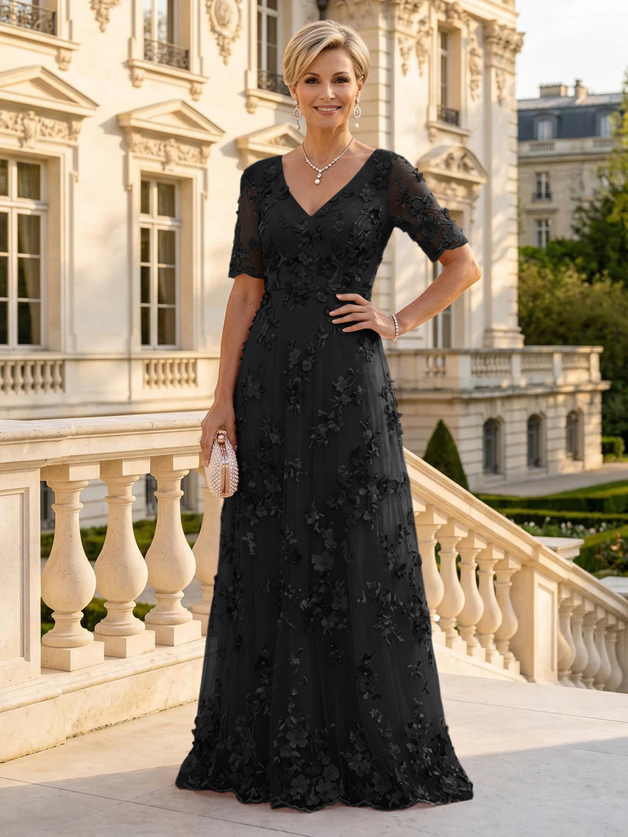 A Line V Neck Short Sleeves Long Mother of the Bride Dresses