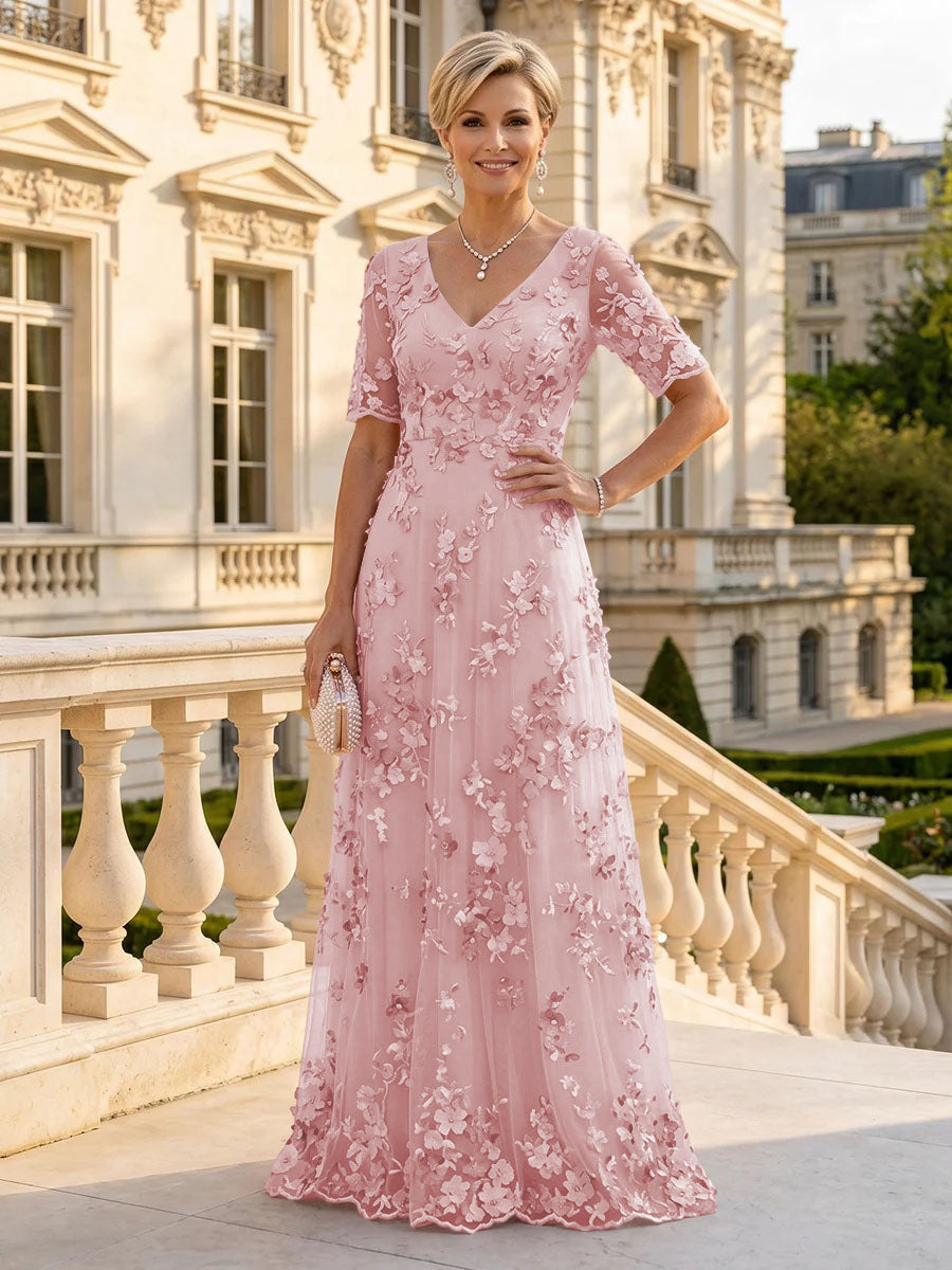 A Line V Neck Short Sleeves Long Mother of the Bride Dresses