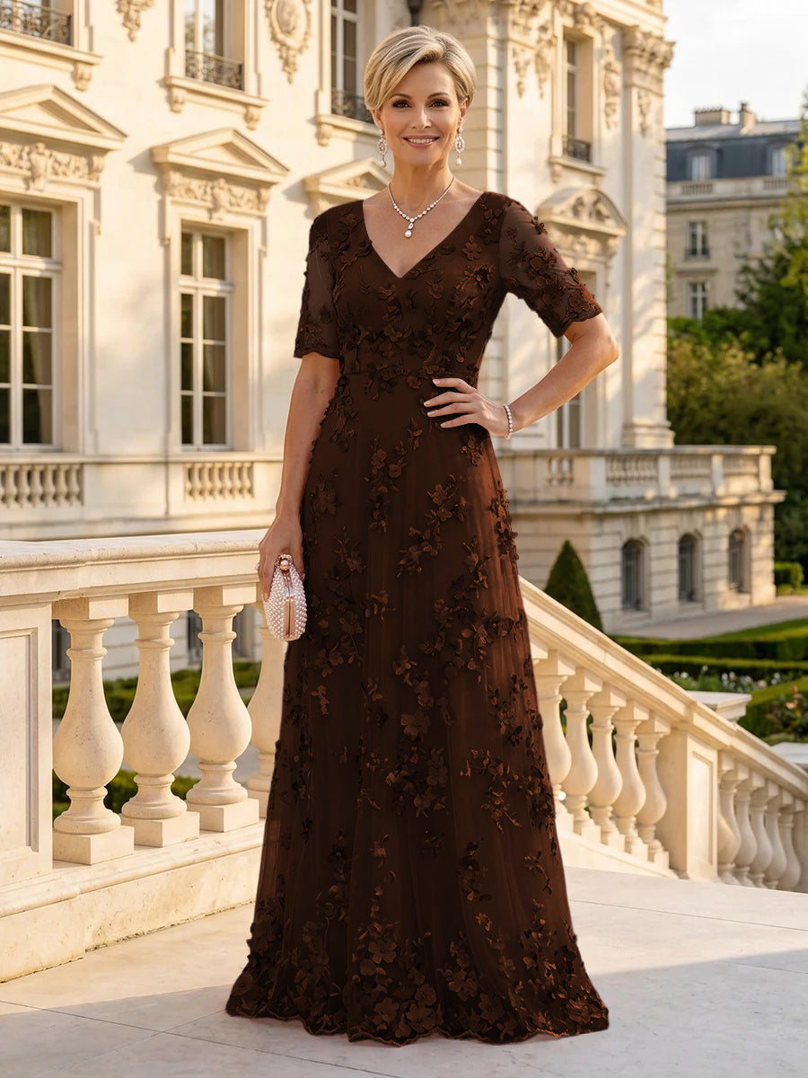 A Line V Neck Short Sleeves Long Mother of the Bride Dresses