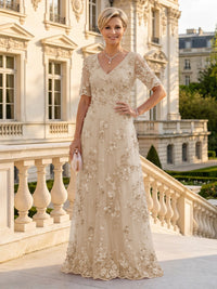 A Line V Neck Short Sleeves Long Mother of the Bride Dresses