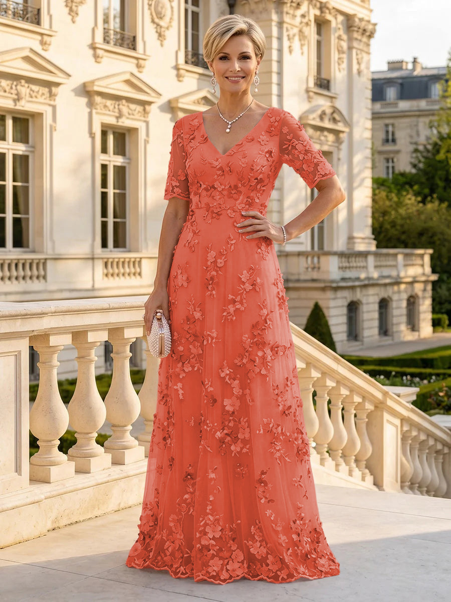 A Line V Neck Short Sleeves Long Mother of the Bride Dresses