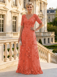 A Line V Neck Short Sleeves Long Mother of the Bride Dresses