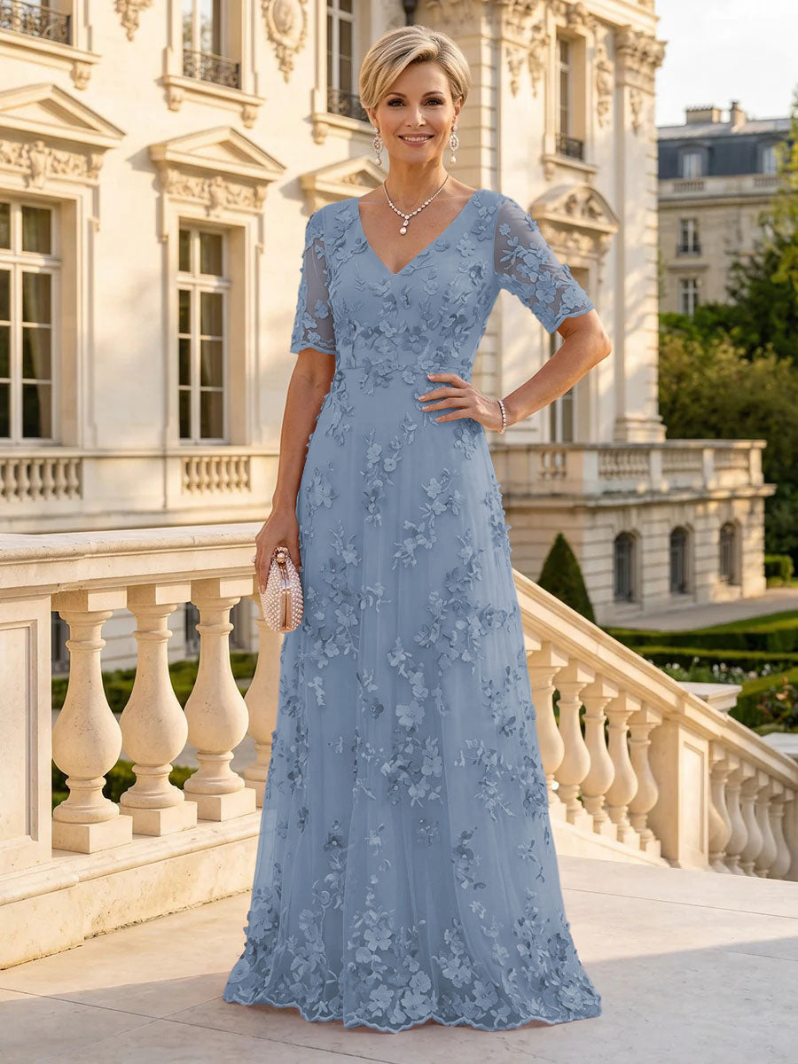 A Line V Neck Short Sleeves Long Mother of the Bride Dresses