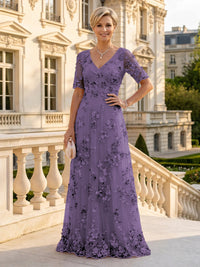 A Line V Neck Short Sleeves Long Mother of the Bride Dresses
