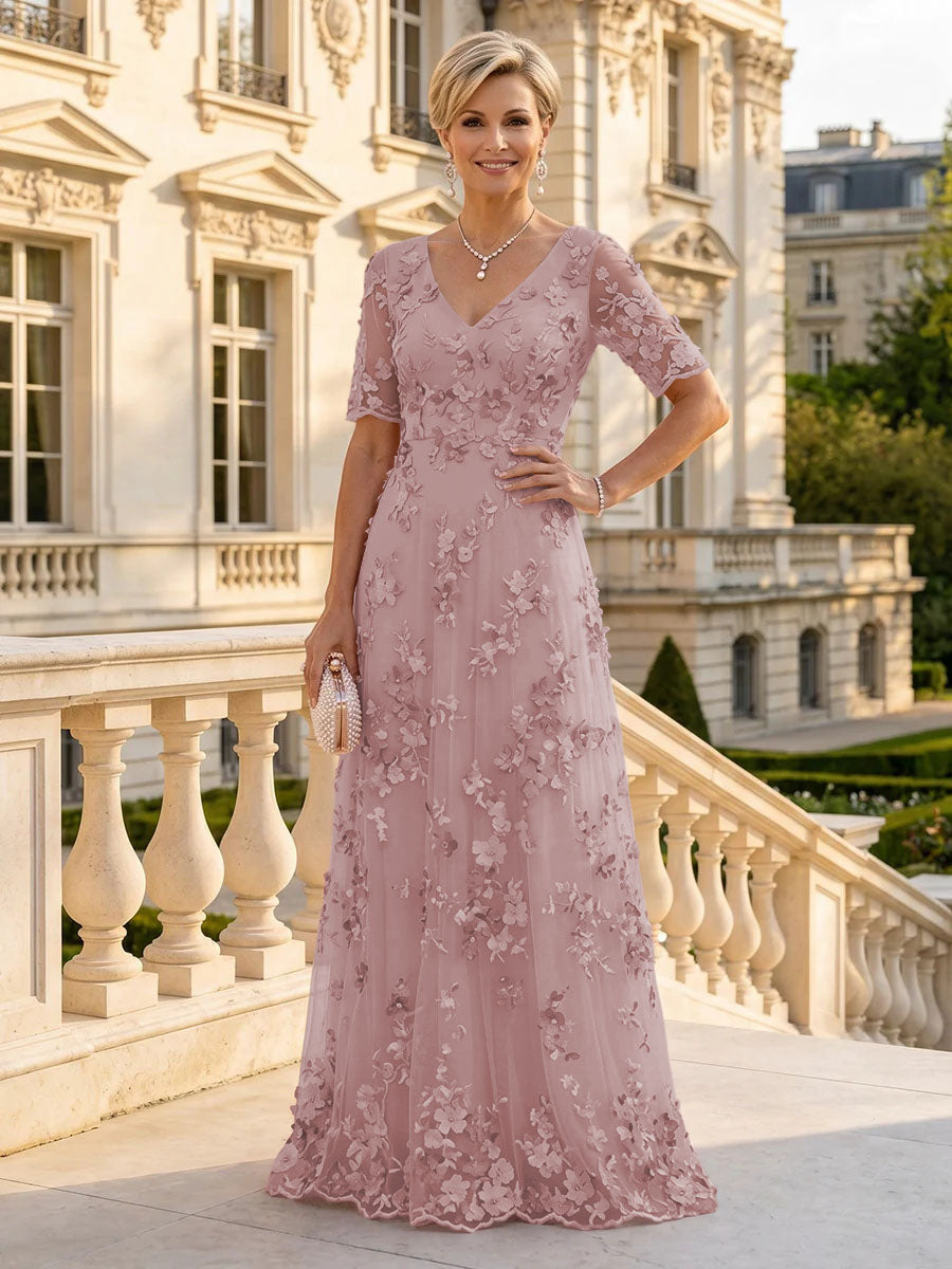 A Line V Neck Short Sleeves Long Mother of the Bride Dresses
