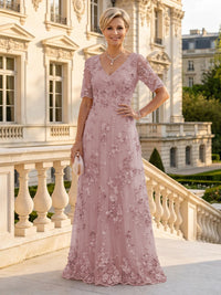 A Line V Neck Short Sleeves Long Mother of the Bride Dresses