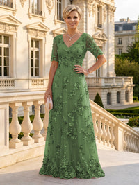 A Line V Neck Short Sleeves Long Mother of the Bride Dresses