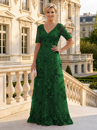 A Line V Neck Short Sleeves Long Mother of the Bride Dresses
