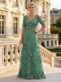 A Line V Neck Short Sleeves Long Mother of the Bride Dresses