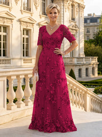 A Line V Neck Short Sleeves Long Mother of the Bride Dresses