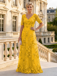 A Line V Neck Short Sleeves Long Mother of the Bride Dresses