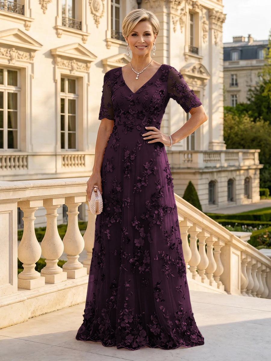 A Line V Neck Short Sleeves Long Mother of the Bride Dresses