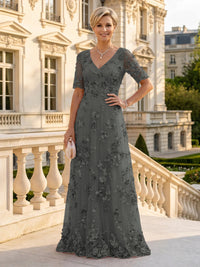 A Line V Neck Short Sleeves Long Mother of the Bride Dresses