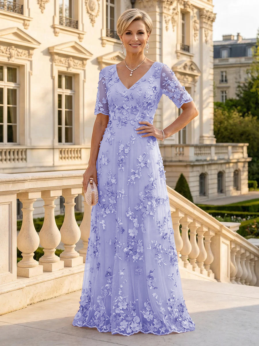 A Line V Neck Short Sleeves Long Mother of the Bride Dresses