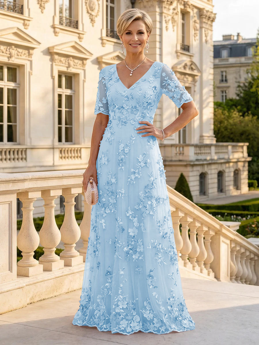 A Line V Neck Short Sleeves Long Mother of the Bride Dresses