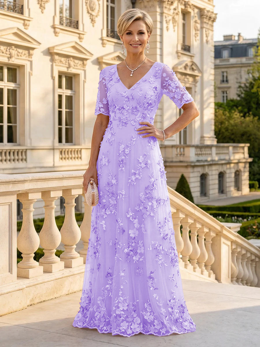 A Line V Neck Short Sleeves Long Mother of the Bride Dresses