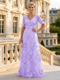 A Line V Neck Short Sleeves Long Mother of the Bride Dresses