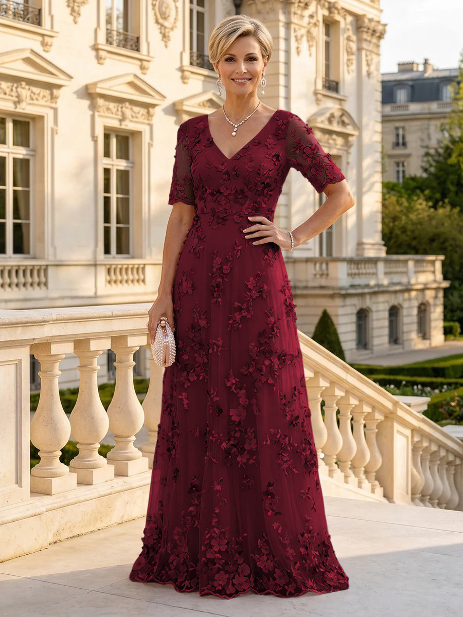 A Line V Neck Short Sleeves Long Mother of the Bride Dresses