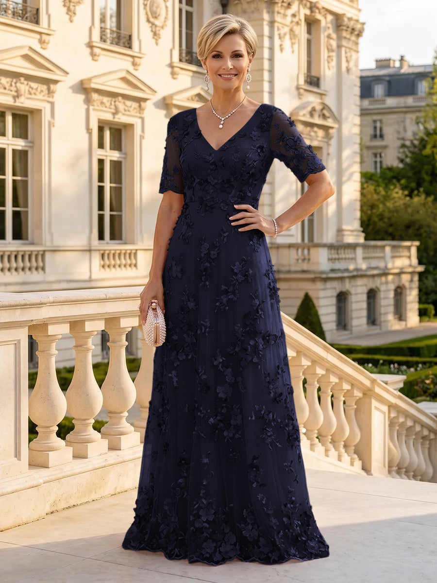 A Line V Neck Short Sleeves Long Mother of the Bride Dresses