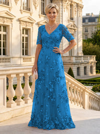 A Line V Neck Short Sleeves Long Mother of the Bride Dresses