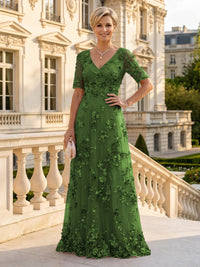 A Line V Neck Short Sleeves Long Mother of the Bride Dresses