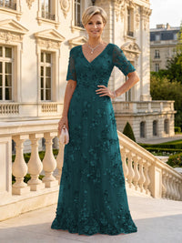 A Line V Neck Short Sleeves Long Mother of the Bride Dresses