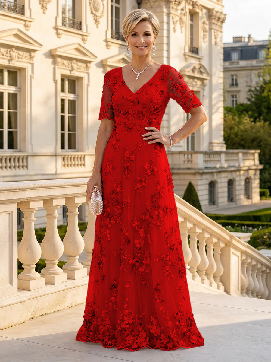A Line V Neck Short Sleeves Long Mother of the Bride Dresses