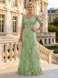 A Line V Neck Short Sleeves Long Mother of the Bride Dresses