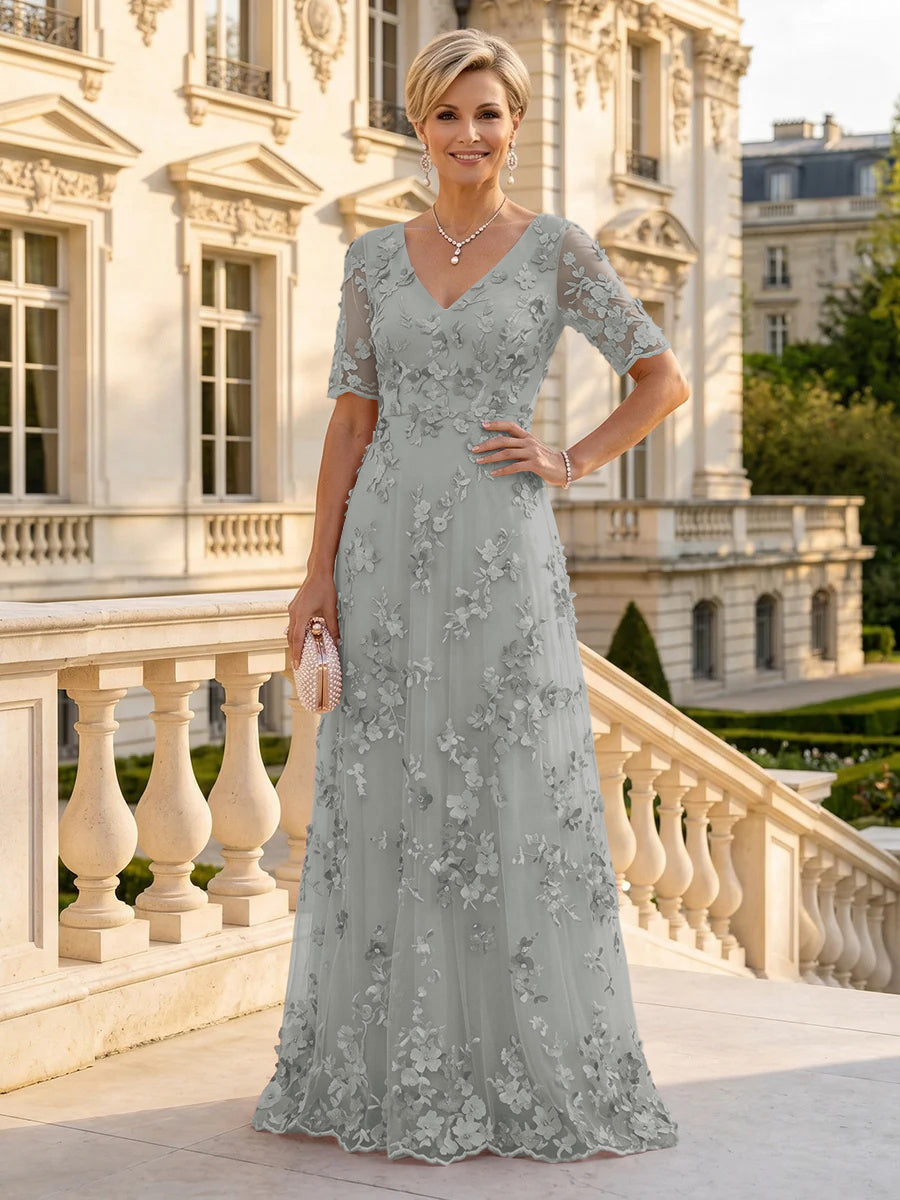 A Line V Neck Short Sleeves Long Mother of the Bride Dresses