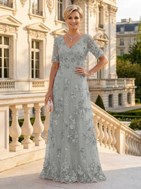 A Line V Neck Short Sleeves Long Mother of the Bride Dresses