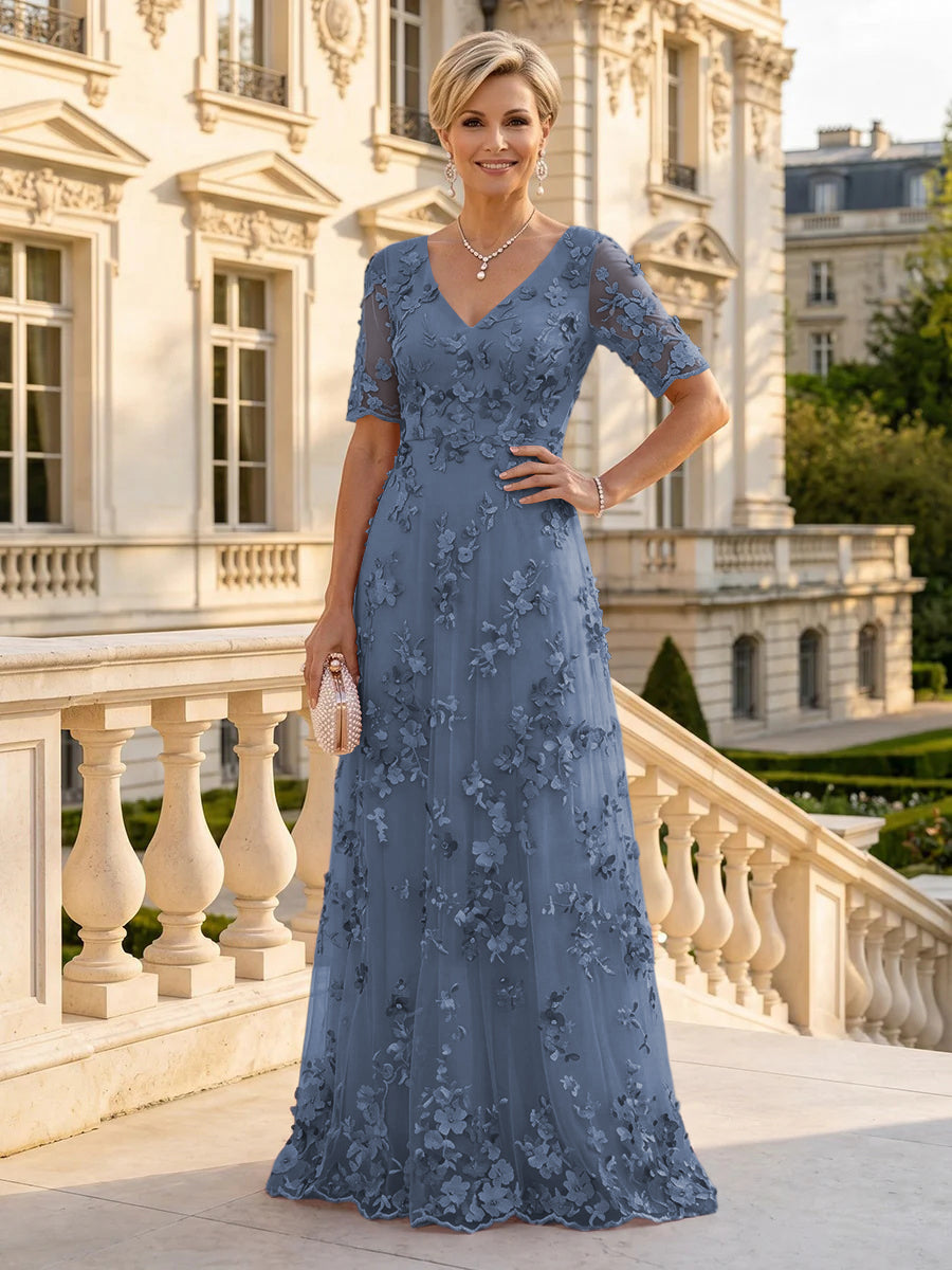 A Line V Neck Short Sleeves Long Mother of the Bride Dresses