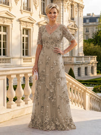 A Line V Neck Short Sleeves Long Mother of the Bride Dresses