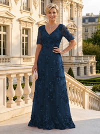 A Line V Neck Short Sleeves Long Mother of the Bride Dresses