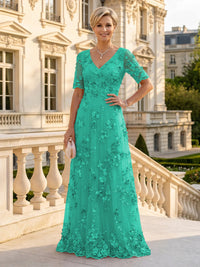 A Line V Neck Short Sleeves Long Mother of the Bride Dresses